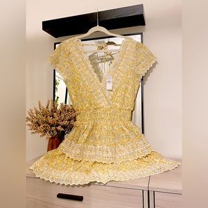 NWT: American Eagle Lace-Trim Floral Mini Dress, Pale Yellow Print. Size Small.